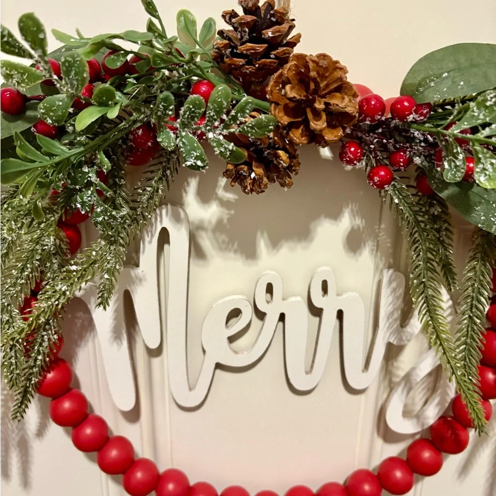 Holiday Wreath with Red Beads and Greenery